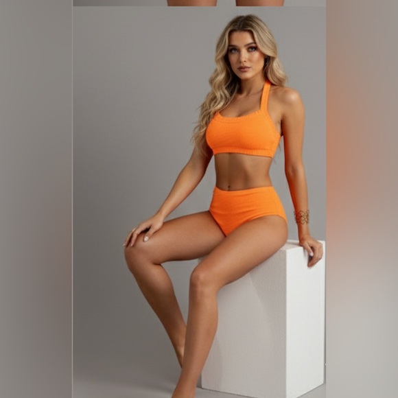 Halter High Waisted Bikini Swimsuit Orange - Picture 3 of 6